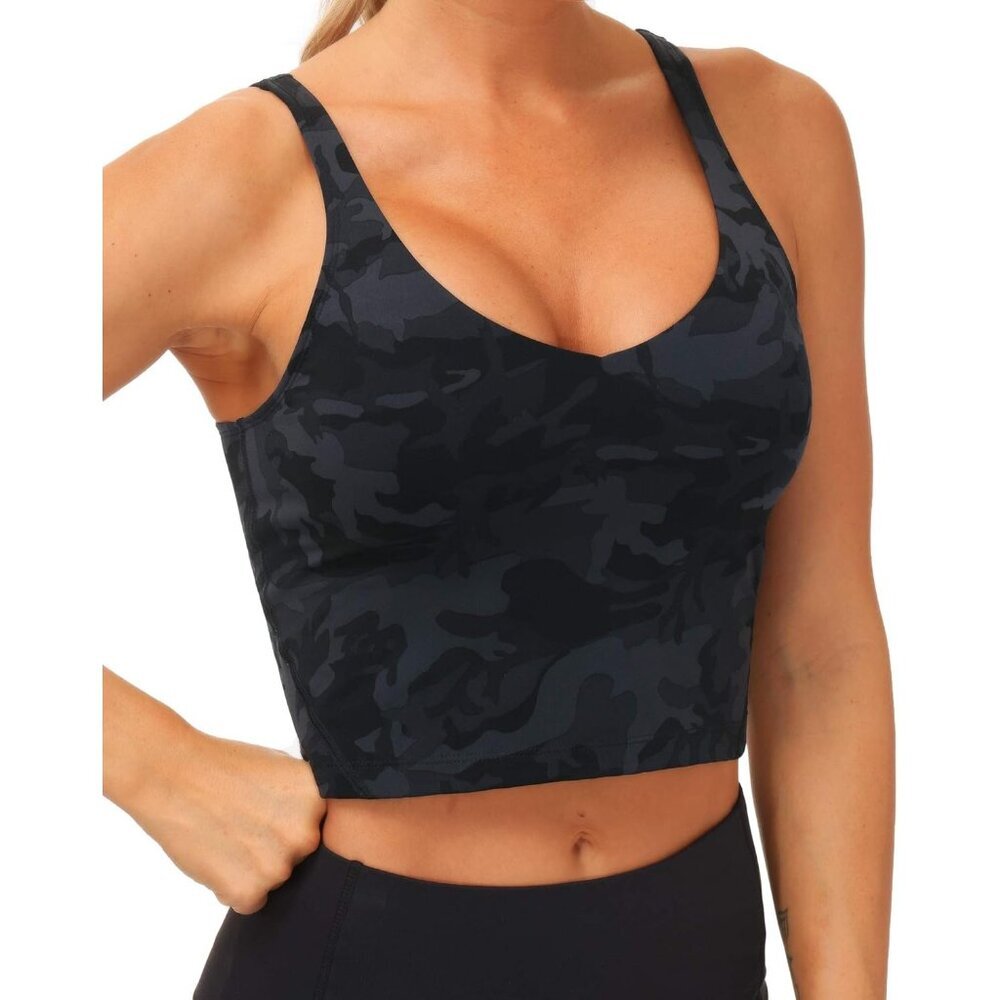 〽️Women's Black Grey Camo Pull Over Longline Soft Padded Athletics Sports Bra